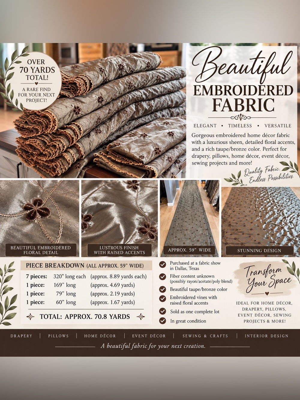 70+ YARDS Luxury Embroidered Home Decor Fabric-59” Wide- LOT SALE